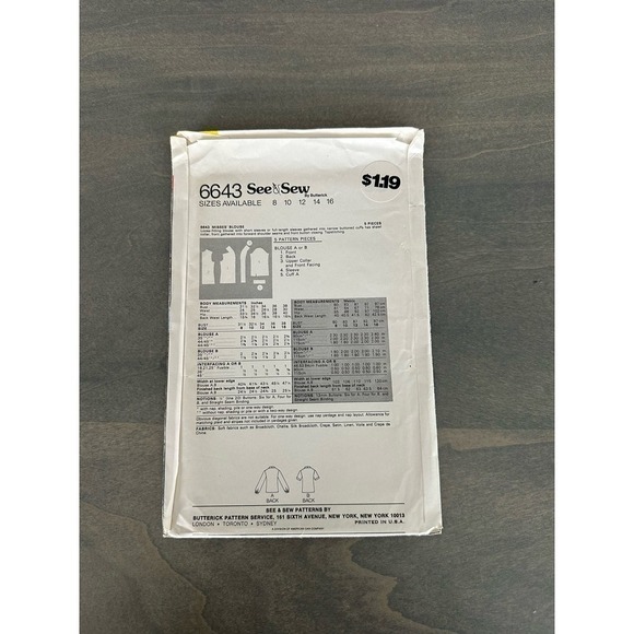 Butterick See and Sew Vintage Uncut Misses Blouse Size 10 Pattern No 6643 - Picture 3 of 7